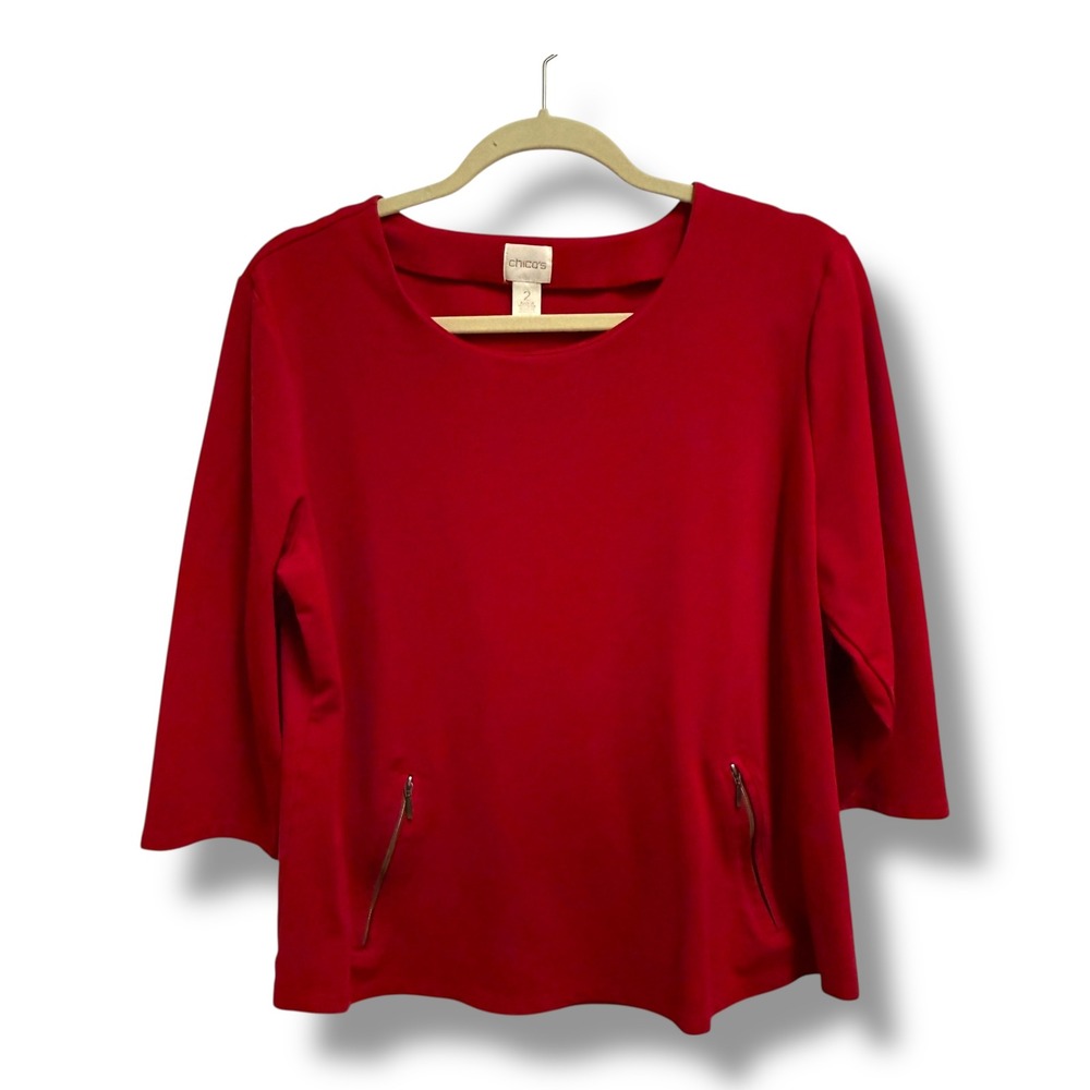 Chicos Womens Red 3/4 Sleeve Scoop Neck Knit Top Front‎ Zipper Pockets Size 2 L